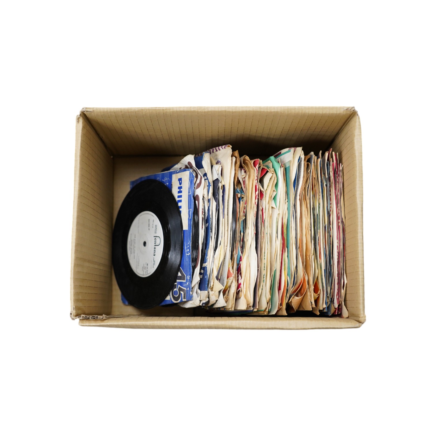 Eighty 7” singles, all with printed demo labels (some also with printed release date), record labels include; Fontana, HMV, CBS, Parlophone, Stateside, Decca, United Artists, Columbia, Chess, etc. Artists include; Johnny